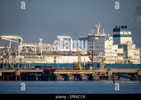 Die Höegh Esperanza, ein LNG-Lager- und -Verdampfungsschiff, ist am LNG-Terminal in der Nähe von Wilhelmshaven festgemacht und baut Schiffsverflüssigtes N.A. um Stockfoto