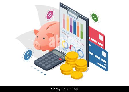 Isometrisches Konzept der Geschäftsanalyse, Analysen, Forschung, Strategiestatistik, Planung, Marketing Finance -Diagramm, Finanzplanung, Investition in Stock Vektor
