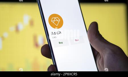 Ein Investor analysiert die Asch-Münze auf dem Bildschirm. Ein Telefon zeigt die Preise der Kryptos für die Investition in Ampere-Token an. Stockfoto