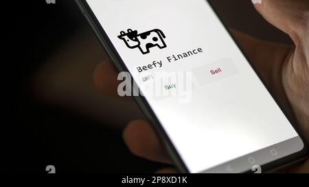 Ein Investor analysiert die Beefy ( BIFI )-Münze auf der Leinwand. Ein Telefon zeigt die Preise der Kryptos für die Investition in Ampere-Token an. Stockfoto