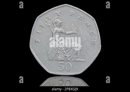 Rückseite einer 50p-Euro-Münze mit Britannia. Das Design wurde am 1997., 1998., 1999., 2000., 2001. 2002, 2003, 2004, 2005, 2006, 2007, 2008 Jahre Stockfoto