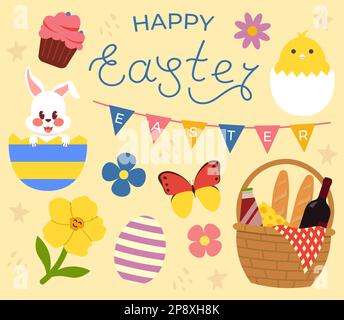 Kollektion Mit Osterdekoration, Schriftzug, Korb, Kaninchen, Hähnchen, Flacher Vektorabbildung Stock Vektor