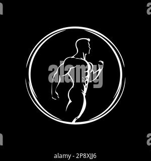 Minimalistische runde Logovorlage, weiße Ikone einer Gymnastikfigur auf schwarzem Hintergrund, modernes Logo-Konzept für Unternehmensidentität, T-Shirts-Aufdruck Stock Vektor