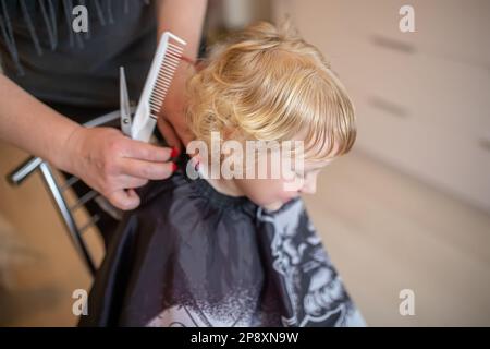 Ein Friseur schneidet ein kleines Mädchen zu Hause mitten in einem Zimmer auf. Haarschnitt von Kindern zu Hause Stockfoto