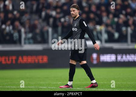 Lucas Holer von SC Freiburg blickt auf die UEFA Europa League-Runde des 16. Fußballspiels zwischen dem FC Juventus und dem FC Freiburg im Allianz-Stadion am 9 2023. März in Turin (Italien). Stockfoto