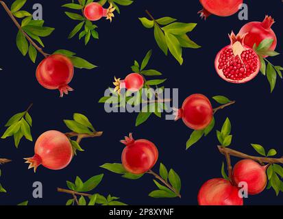 Nahtloses Muster mit Granatapfelfrüchten und Samen auf dunklem Hintergrund. Textur mit Blumenelementen. Die elegante Vorlage für Modedrucke Stockfoto