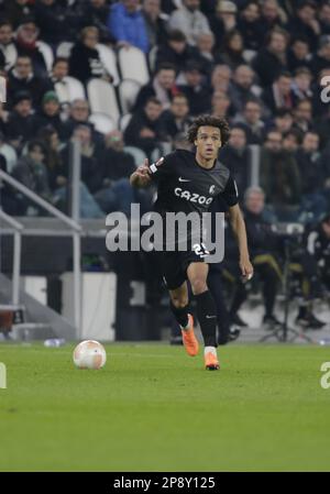 Turin, Italien. 09. März 2023. Kiliann Sildillia von SC Freiburg während der UEFA Europa League, Fußballspiel zwischen Juventus und Freiburg am 09. März 2023 im Allianz-Stadion, Turin, Italien Photo Ndrerim Kaceli Credit: Independent Photo Agency/Alamy Live News Stockfoto