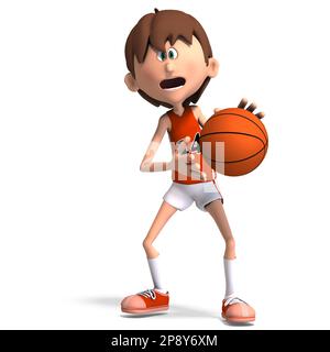 3D-Darstellung eines süßen und lustigen Cartoon-Basketballspielers, der dribbelt und einen Ball wirft Stockfoto