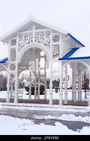 Weiß-blauer nostalgischer Bahnhof unter Schnee im Winter. Bahngleise und Bäume mit Schnee bedeckt Stockfoto