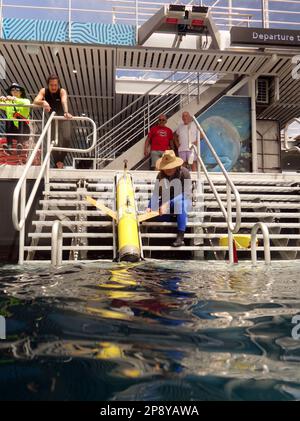 Slocum Ocean Gleiter (gelb) wird eingesetzt von Remora Tourism & Research Pontoon, Reef Magic, Great Barrier Reef bei Cairns, Queensland, Australien. Stockfoto