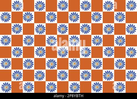 Orangefarbene und weiße Quadrate mit blauen Gänseblümchen auf den weißen Quadraten Stock Vektor