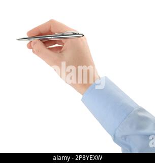 Frau, die einen Stift auf weißem Hintergrund hält, Nahaufnahme Stockfoto