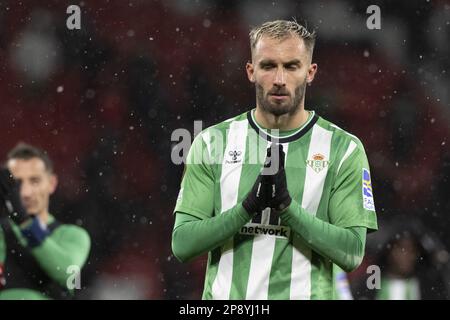 Manchester, Großbritannien. 09. März 2023. Germán Pezzella depois perder o jogo entre Manchester United gegen Real Betis, in Old Trafford, Manchester, England. Man United hat 4-1 gewonnen (Foto: Richard Callis/Sports Press Photo/C – FRIST VON EINER STUNDE – FTP NUR AKTIVIEREN, WENN BILDER WENIGER ALS EINE STUNDE ALT sind – Alamy) Guthaben: SPP Sport Press Photo. Alamy Live News Stockfoto