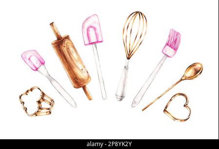 Aquarell-Set mit Backwerkzeugen. Schneebesen, Walznadel, Spatel, Bürste, Löffel, Keksschneider zum Dekorieren von Backwaren, Verpackungen, Anhängern, Websites, AP Stockfoto