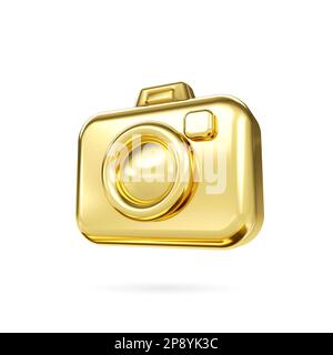 Goldenes Symbol für Fotokamera 3D. 3D einfache goldene Kamera mit Objektivsymbol. Konzepttechnologie und Schnappschuss-Fotografie. 3D-Rendering Stockfoto