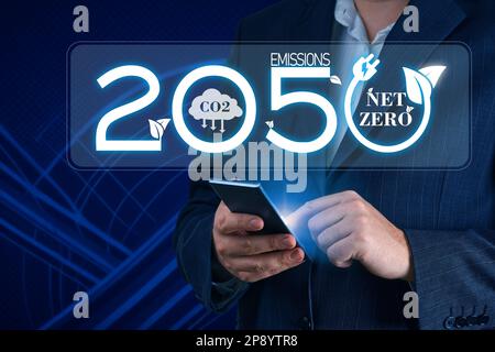 Netto-Null-Konzepte bis 2050 CO2-neutrale Netto-Null-Emissionsziele Wetterneutrale langfristige Strategie Stockfoto