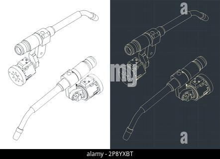 Stilisierte Vektordarstellung isometrischer Entwürfe von Schweißbrennern für einen Schweißroboter Stock Vektor