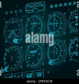 Stilisierte Vektordarstellung einer Nahaufnahme des Bedienfelds eines Flugzeugs Stock Vektor