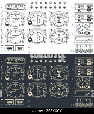Stilisierte Vektordarstellung einer Nahaufnahme des Armaturenbretts der Flugzeugsteuerung Stock Vektor