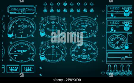 Stilisierte Vektordarstellung einer Nahaufnahme des Bedienfelds eines Flugzeugs Stock Vektor