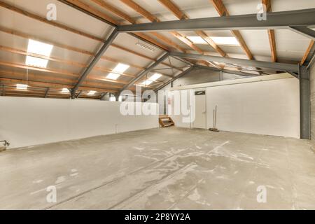 Das Innere eines Gebäudes mit unfertigen Wänden und Holzbalken, die als Büro- oder Gewerbefläche genutzt werden können Stockfoto