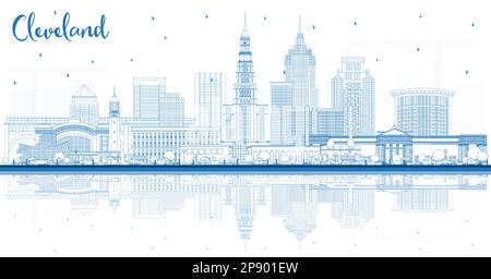 Umreißen Sie die Skyline von Cleveland Ohio mit blauen Gebäuden und Reflexionen. Vektordarstellung. Cleveland USA mit Wahrzeichen. Stock Vektor