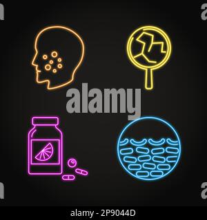 Skin Problems Concept Neon-Symbolsatz. Gesichtsausschlag, trockene und rissige Haut Symptome. Vektordarstellung. Stock Vektor