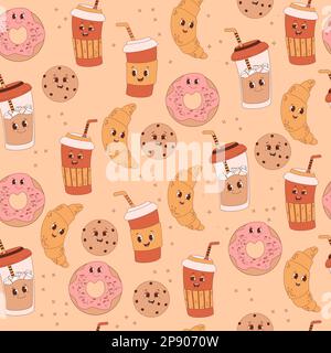 Retro-groovy Nahtloses Muster. Süße Figuren von Kaffee in Pappbecher zum Mitnehmen und Kekse mit Gebäck auf beigefarbenem Hintergrund. Vektordarstellung für Stock Vektor