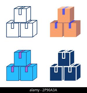 Stapel von Lieferkartons – Symbolsatz in flacher und linienseitiger Form. Papppäckchen, Postfachsymbol. Vektordarstellung. Stock Vektor