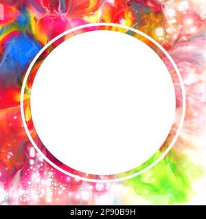Abstrakter quadratischer Rahmen in Aquarellzeichnung. Weiß rund auf mehrfarbigem Hintergrund: Orange, Gelb, Rot, Grün, Blau in wunderbarer fließender Bewegung Stockfoto