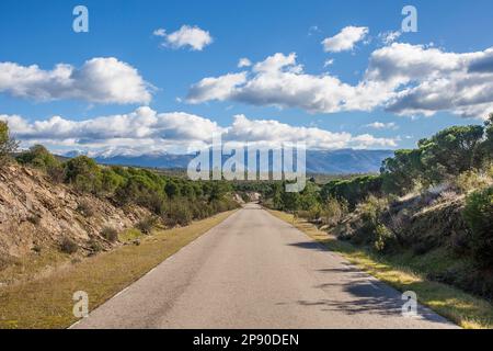 Örtliche Straße CC-168 in Granadilla am Stadtrand von Spanien. Preisgünstige Straße Stockfoto