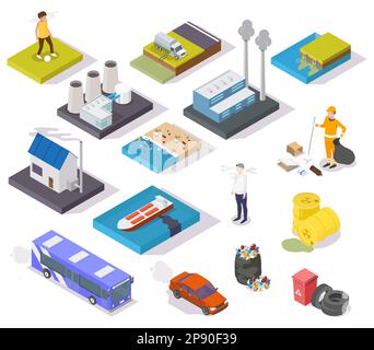 Environmental pollution types vector flat isometric flowchart Stock Vektor
