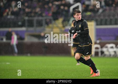 Brussel , Belgien . 09/03/2023, anders Dreyer (36) von Anderlecht feierte nach einem Tor während eines Fußballspiels zwischen RSC Anderlecht und Villarreal CF im 1/8. Finale der UEFA Europa Conference League für die Saison 2022-2023 am Donnerstag, den 9. März 2023 in Brussel, Belgien . FOTO SPORTPIX | David Catry Stockfoto