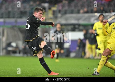 Brussel , Belgien . 09/03/2023, anders Dreyer (36) von Anderlecht bildete sich ein Tor während eines Fußballspiels zwischen RSC Anderlecht und Villarreal CF im 1/8. Finale der UEFA Europa Conference League für die Saison 2022-2023 am Donnerstag, den 9. März 2023 in Brussel, Belgien . FOTO SPORTPIX | David Catry Stockfoto