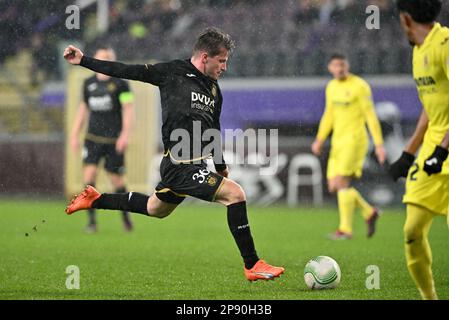 Brussel , Belgien . 09/03/2023, anders Dreyer (36) von Anderlecht bei einem Fußballspiel zwischen RSC Anderlecht und Villarreal CF im 1/8. Finale der UEFA Europa Conference League für die Saison 2022-2023, am Donnerstag, den 9. März 2023 in Brussel, Belgien . FOTO SPORTPIX | David Catry Stockfoto