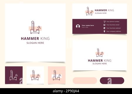 Hammer King-Logo mit editierbarem Schriftzug. Branding-Buch und Visitenkartenvorlage. Stock Vektor