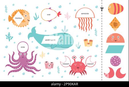 Passendes Spiel für Kinder mit Meerestieren. Übungsseite „Geometrische Formen lernen“ Stock Vektor