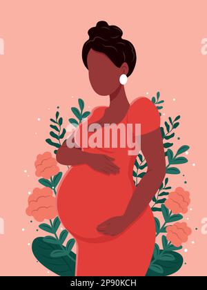 Gesundes Schwangerschaftsbanner. Eine schöne schwangere schwarze Frau umarmt ihren Bauch. Schwangerschafts- und Mutterschaftsbegriff. Gesunde Schwangerschaft. Vector Illustrati Stock Vektor