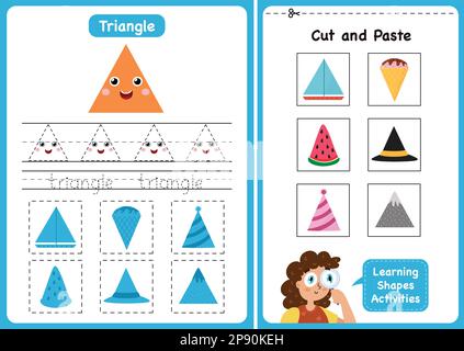Übungsseite „Lernformen“ – Dreieck. Geometrische Formen von Arbeitsblättern für Kinder Stock Vektor