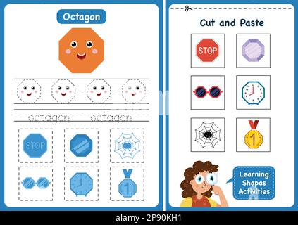 Aktivitätsseite „Lernformen“ – Achteck. Geometrische Formen von Arbeitsblättern für Kinder Stock Vektor
