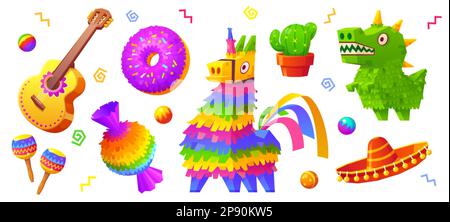 Ikonen aus Pinata, mexikanischem Hut, Kakteen, Gitarre und Maraca. Spanische Geburtstagsparty oder Cinco de Mayo mit Pinata in Form von Esel, Donut, Süßigkeiten und Dino Stock Vektor