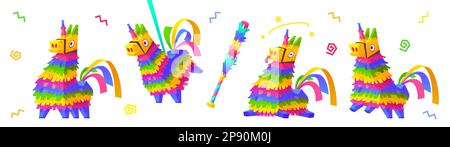 Karikaturensatz aus Regenbogen-Einhorn-Pinata und Fledermaus isoliert auf weißem Hintergrund. Vektordarstellung eines lustigen Farbpapierzubehörs für traditionelle Geburten Stock Vektor