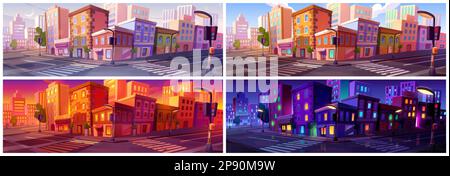 Stadtstraße in der Nacht- und Tagskarikaturlandschaft. Urbane moderne Landschaft mit Kreuzung auf Straße, Gehweg und Bürgersteig. Neonlicht Stock Vektor
