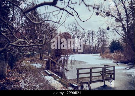 Eine hölzerne Fußgängerbrücke mit einem Geländer über einem gefrorenen See im Winter Stockfoto