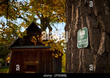 Eine Tafel auf einem Baum, die ein Denkmal der belebten Natur darstellt Stockfoto