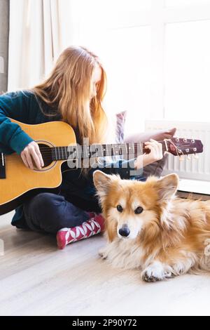 Teenager-Mädchen, die Gitarre spielt, im Zimmer neben einem Corgi-Hund Stockfoto