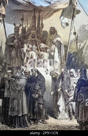 Saladin läß nach der Eroberung von Jerusalem die gefangenen Christen an sich vorüberziehen. An-Nasir Salah ad-DIN Yusuf ibn Ayyub, bekannt als Saladin, 1137 - 1193, war der erste Sultan von Ägypten und Syrien und der Begründer Ayyubiden-Dynastie, Historisch, Digital Restaurant Reproduktion von einer Vorlage aus dem 19. Hundert Stockfoto