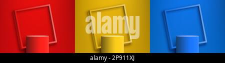 Set mit 3D realistischen, modernen Farben in Rot, Gelb und Blau, zylindrischer Podiumständer mit quadratischem Rahmen und Hintergrund minimaler Hintergrund für Wandszenen. Produktanzeige für Stock Vektor