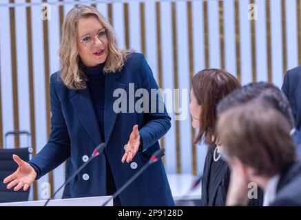 Schwerin, Deutschland. 10. März 2023. Claudia Kemfert, eine Expertin des Deutschen Instituts für Wirtschaftsforschung, spricht vor ihrer Anhörung im Parlamentarischen Untersuchungsausschuss (PUA) des landesparlaments Mecklenburg-Vorpommern über die MV-Klimastiftung mit Ausschussmitgliedern. Kemfert hatte den Bau der Nord Stream-2-Gaspipeline frühzeitig für unnötig erachtet. Seit ihrer Gründung im Jahr 2021 wird die Climate Foundation dafür kritisiert, die Fertigstellung der deutsch-russischen Pipeline zu unterstützen. Kredit: Jens Büttner/dpa/Alamy Live News Stockfoto