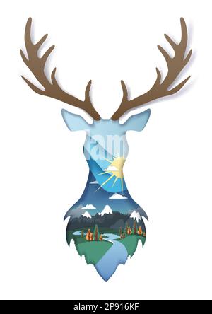 Doppelter Belichtungsvektor mit Papierschichten, der Wildtierkopf geschnitten hat Stock Vektor